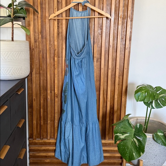 Anthropologie X Pilcro Halter Embroidered Denim Midi Dress. Size XXS/ size 4 - Picture 3 of 12